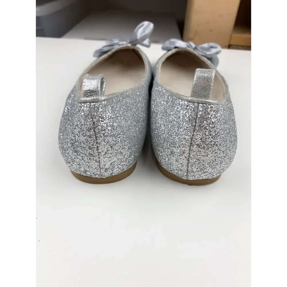Joyfolie Silver Glitter Penny Flats Slip On Dress Shoes Satin Bow Youth Girls 3